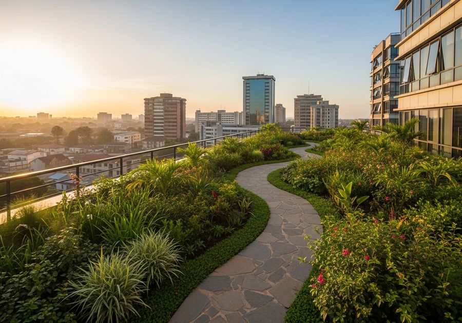 Green roof garden on modern office building, Nairobi skyline