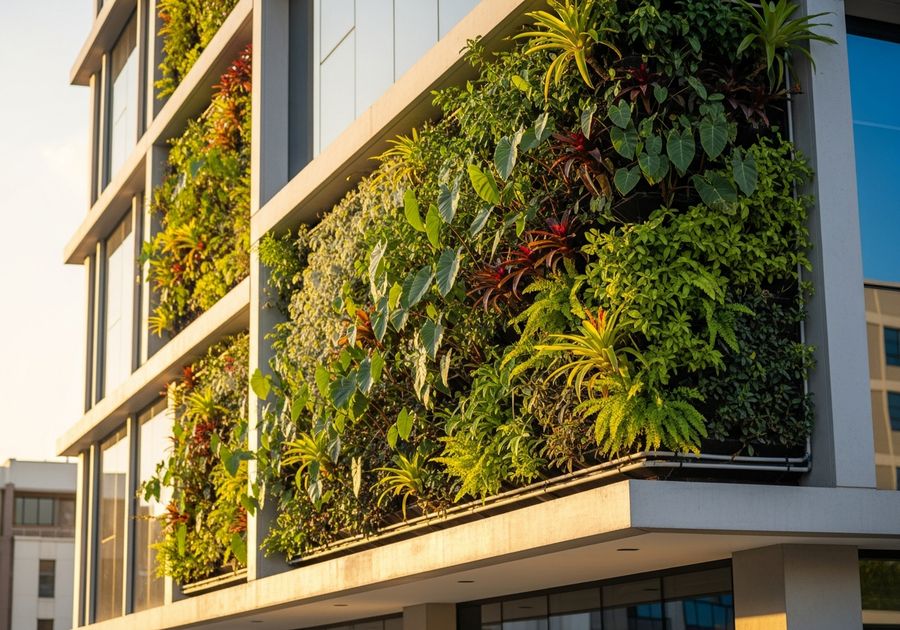 Vertical living wall on modern office building facade