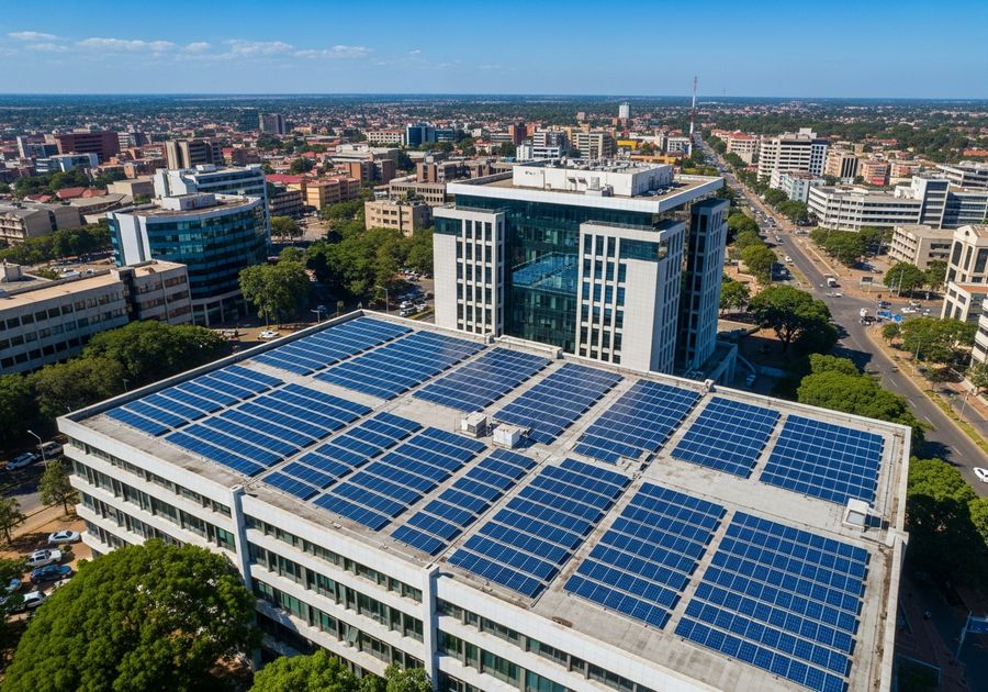 Solar panel array on commercial building rooftop